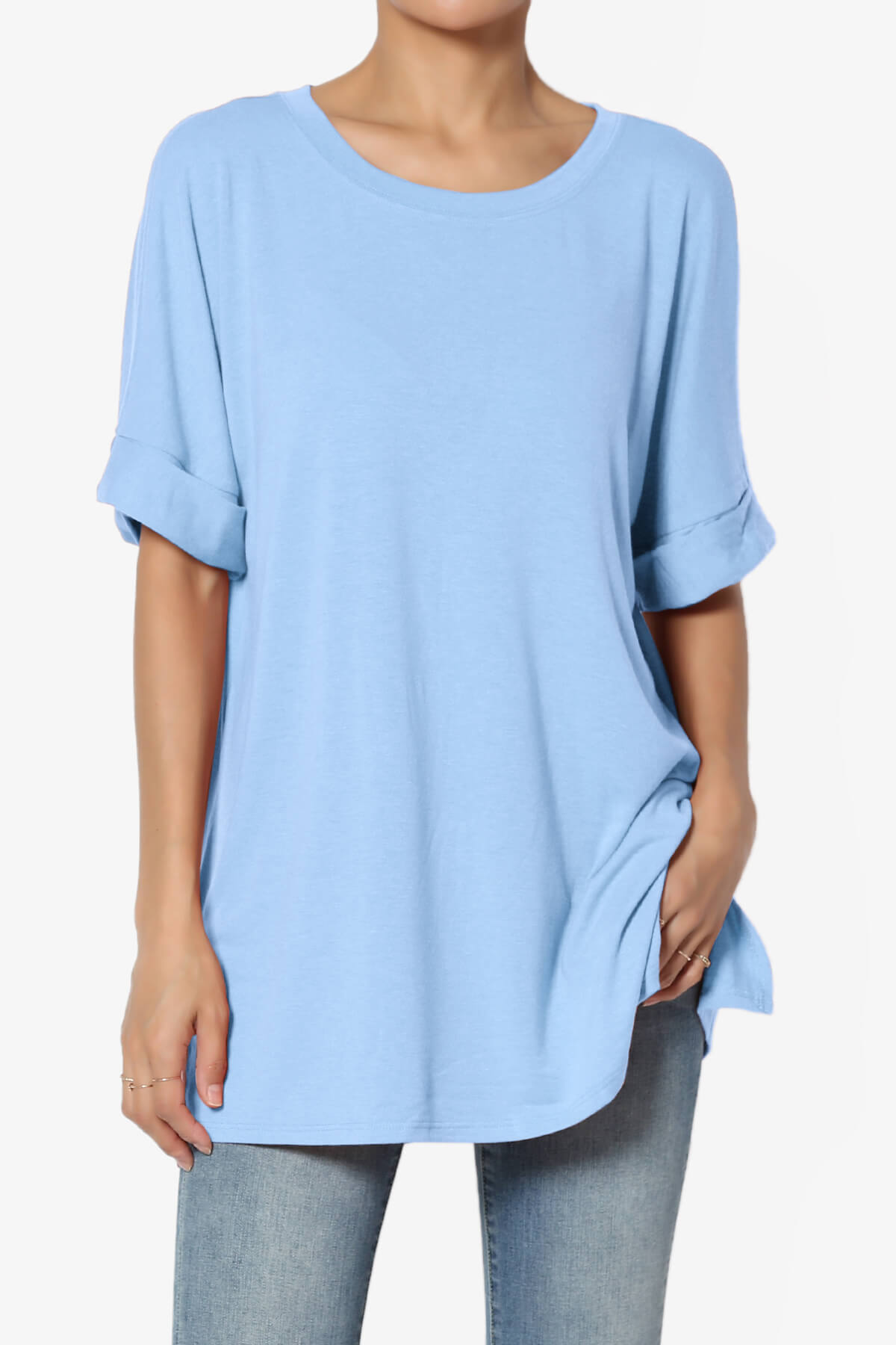Onella Round Neck Rolled Short Sleeve Top LIGHT BLUE_1