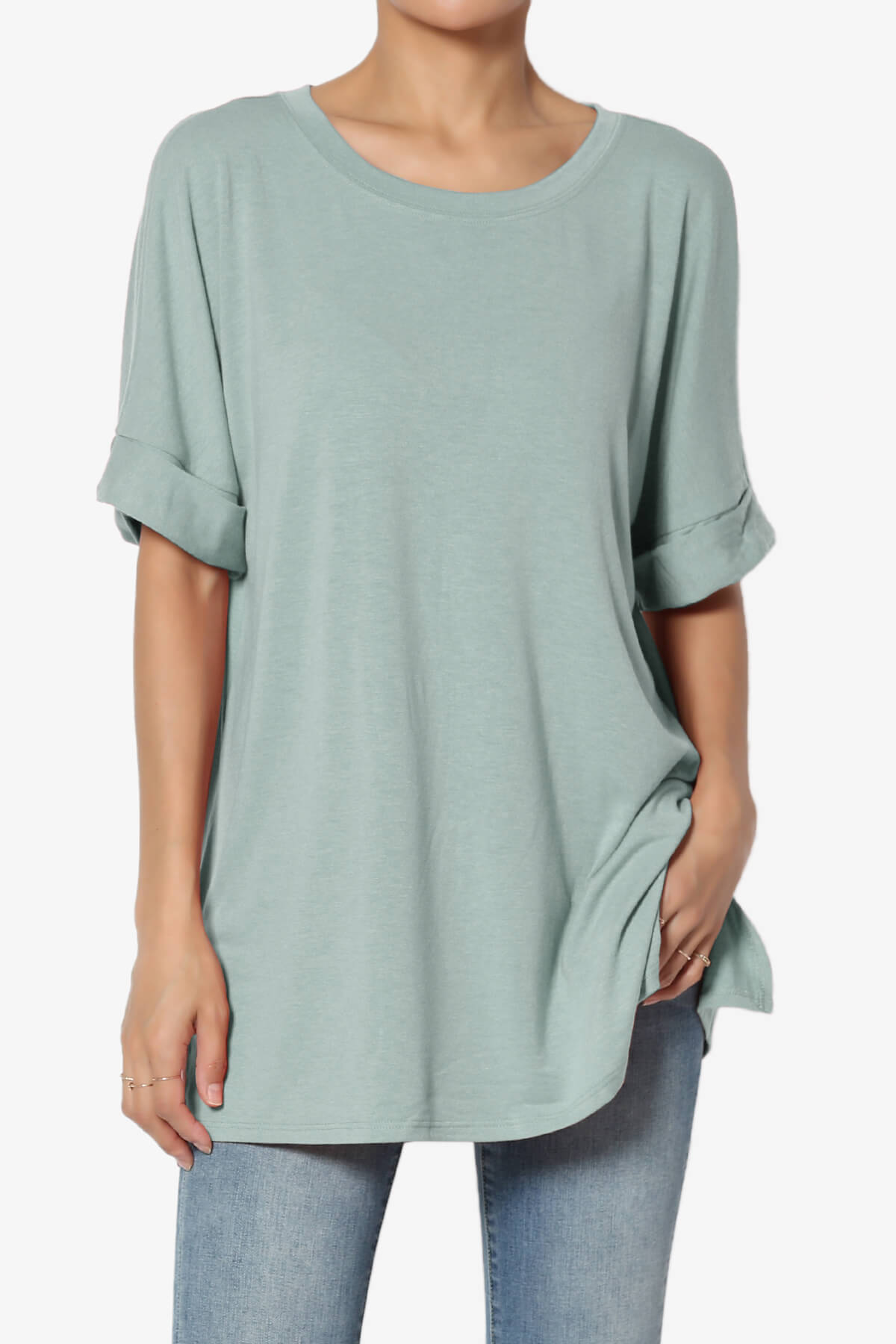 Onella Round Neck Rolled Short Sleeve Top LIGHT GREEN_1