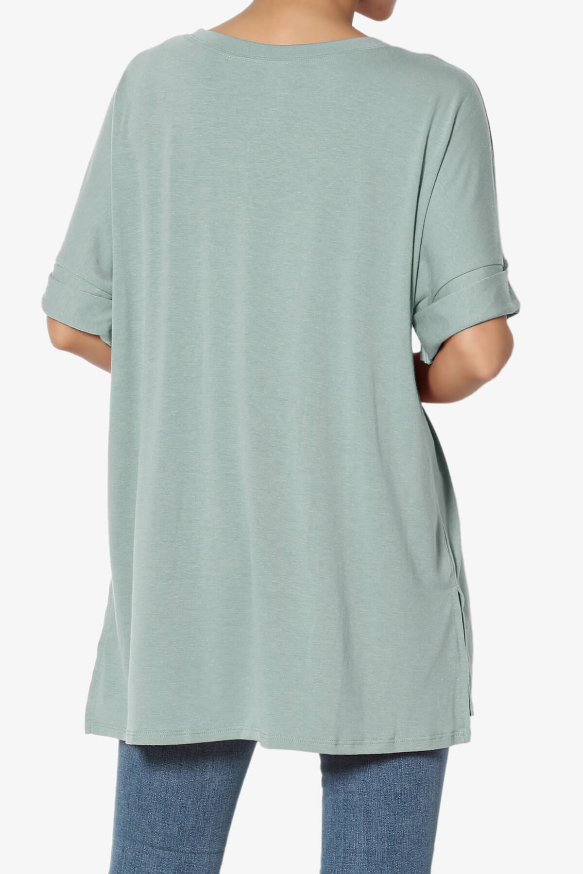 Onella Round Neck Rolled Short Sleeve Top LIGHT GREEN_2