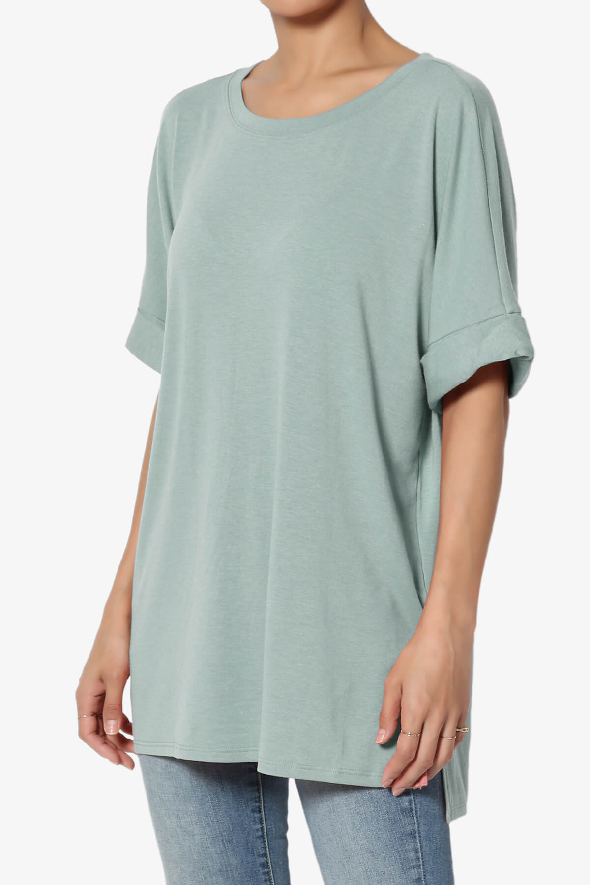 Onella Round Neck Rolled Short Sleeve Top LIGHT GREEN_3