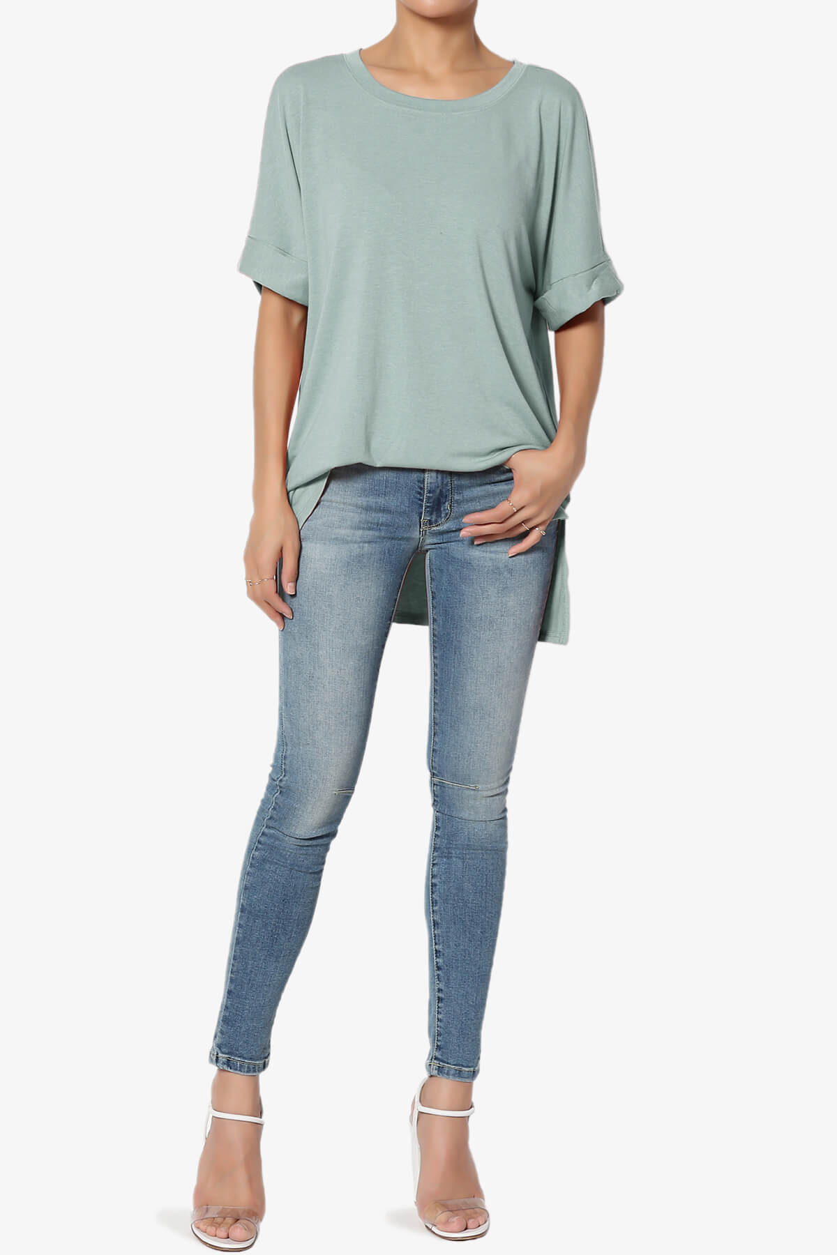 Load image into Gallery viewer, Onella Round Neck Rolled Short Sleeve Top LIGHT GREEN_6
