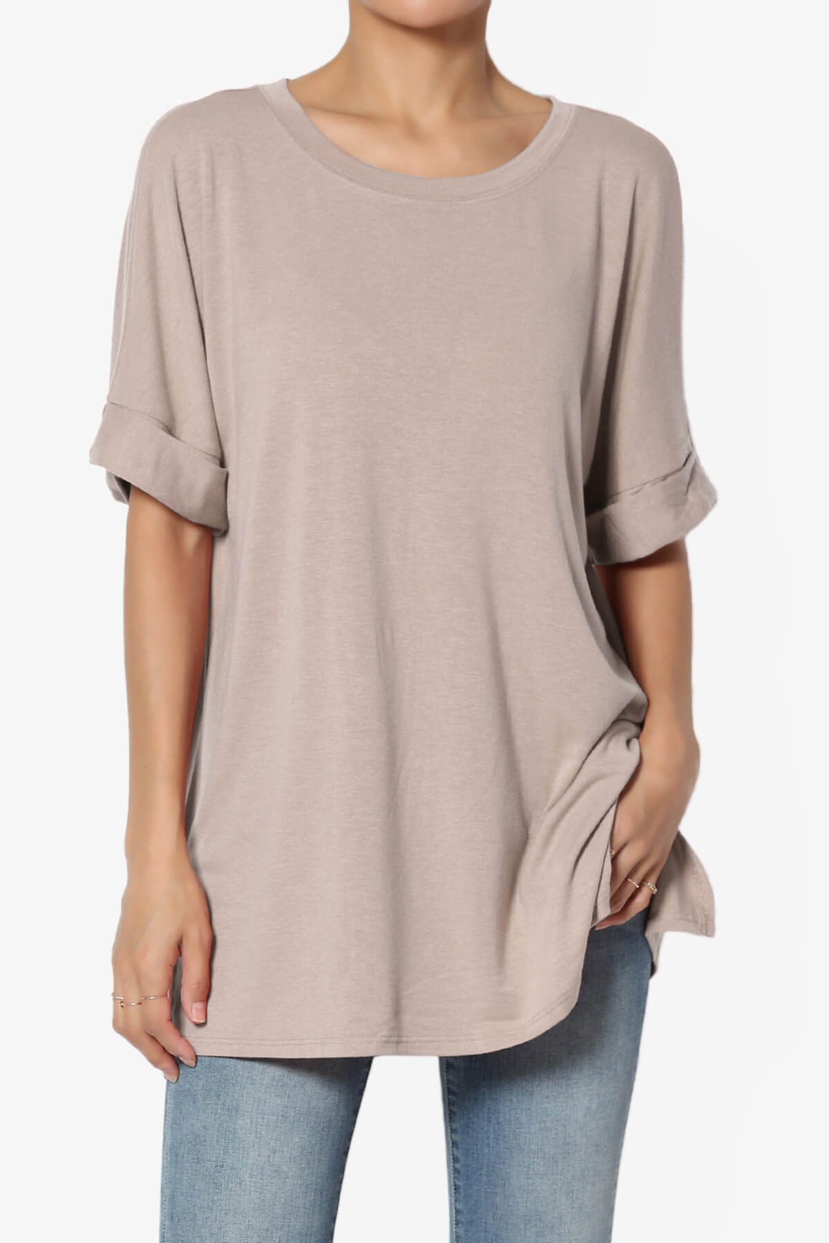 Load image into Gallery viewer, Onella Round Neck Rolled Short Sleeve Top LIGHT MOCHA_1
