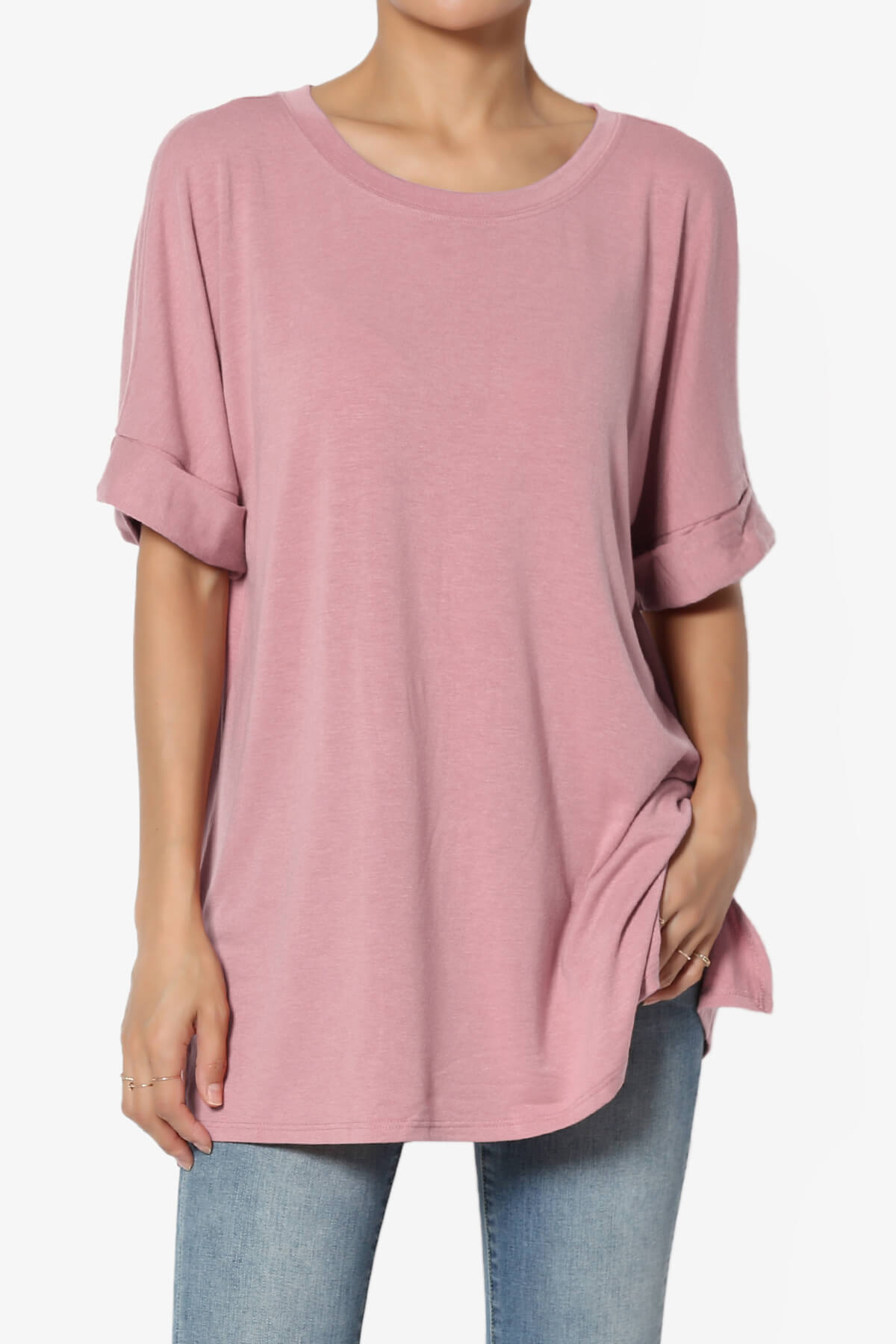 Onella Round Neck Rolled Short Sleeve Top LIGHT ROSE_1