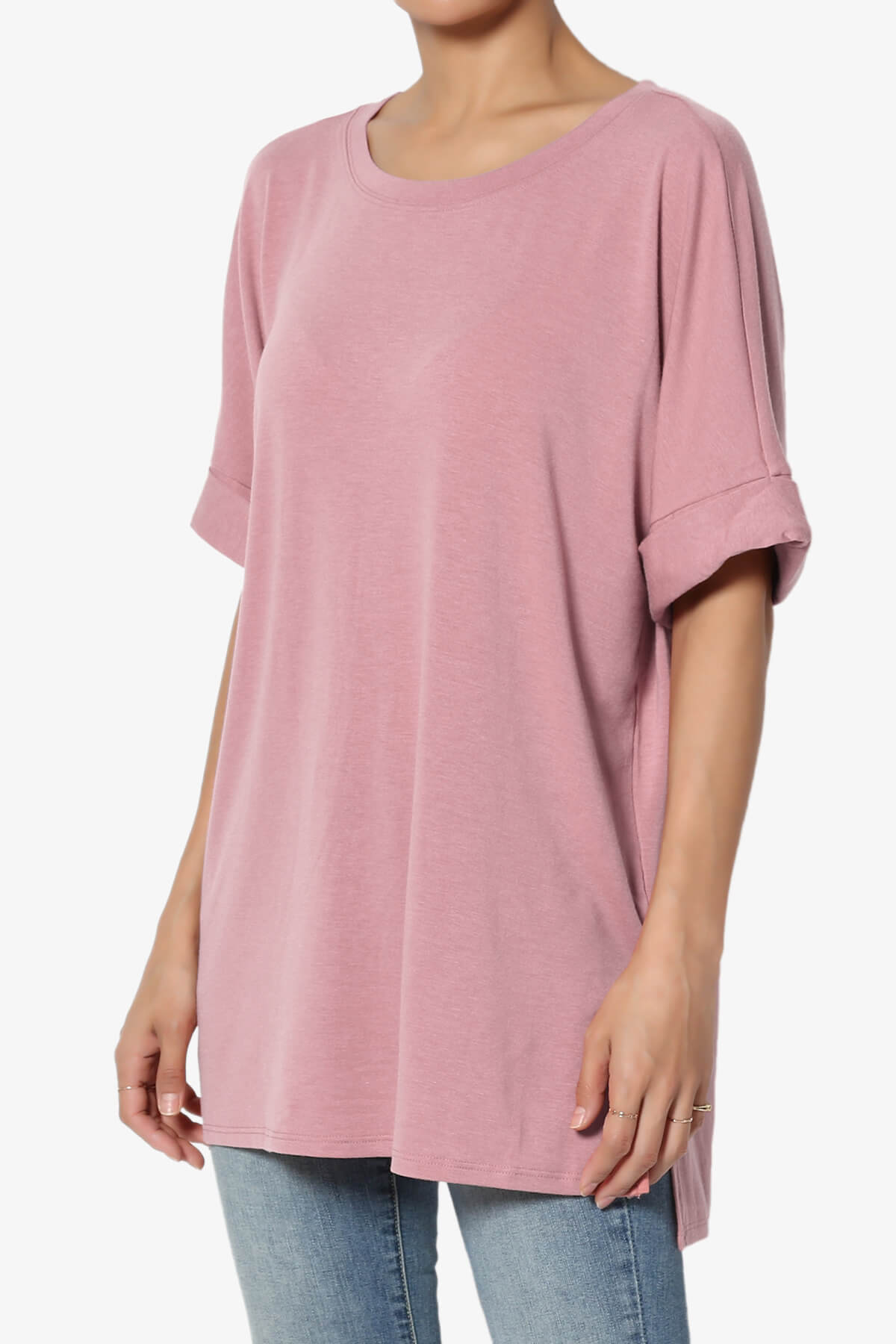 Onella Round Neck Rolled Short Sleeve Top LIGHT ROSE_3
