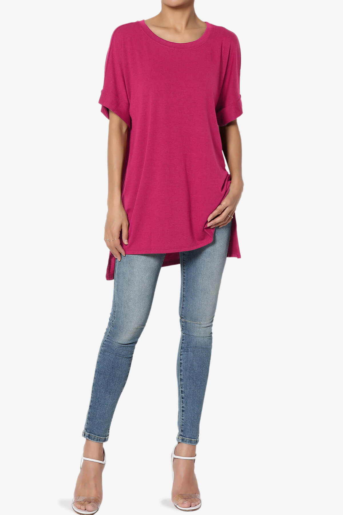 Load image into Gallery viewer, Onella Round Neck Rolled Short Sleeve Top MAGENTA_6
