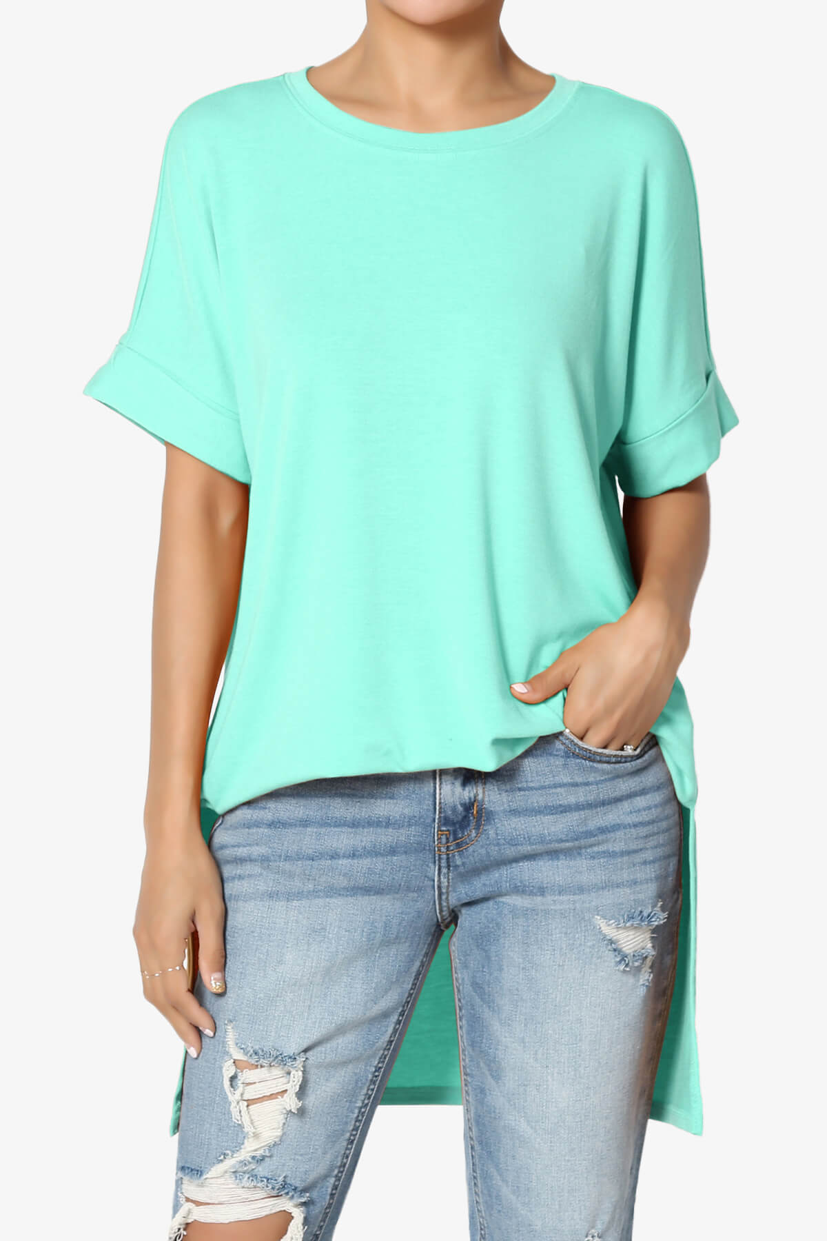 Load image into Gallery viewer, Onella Round Neck Rolled Short Sleeve Top MINT_1
