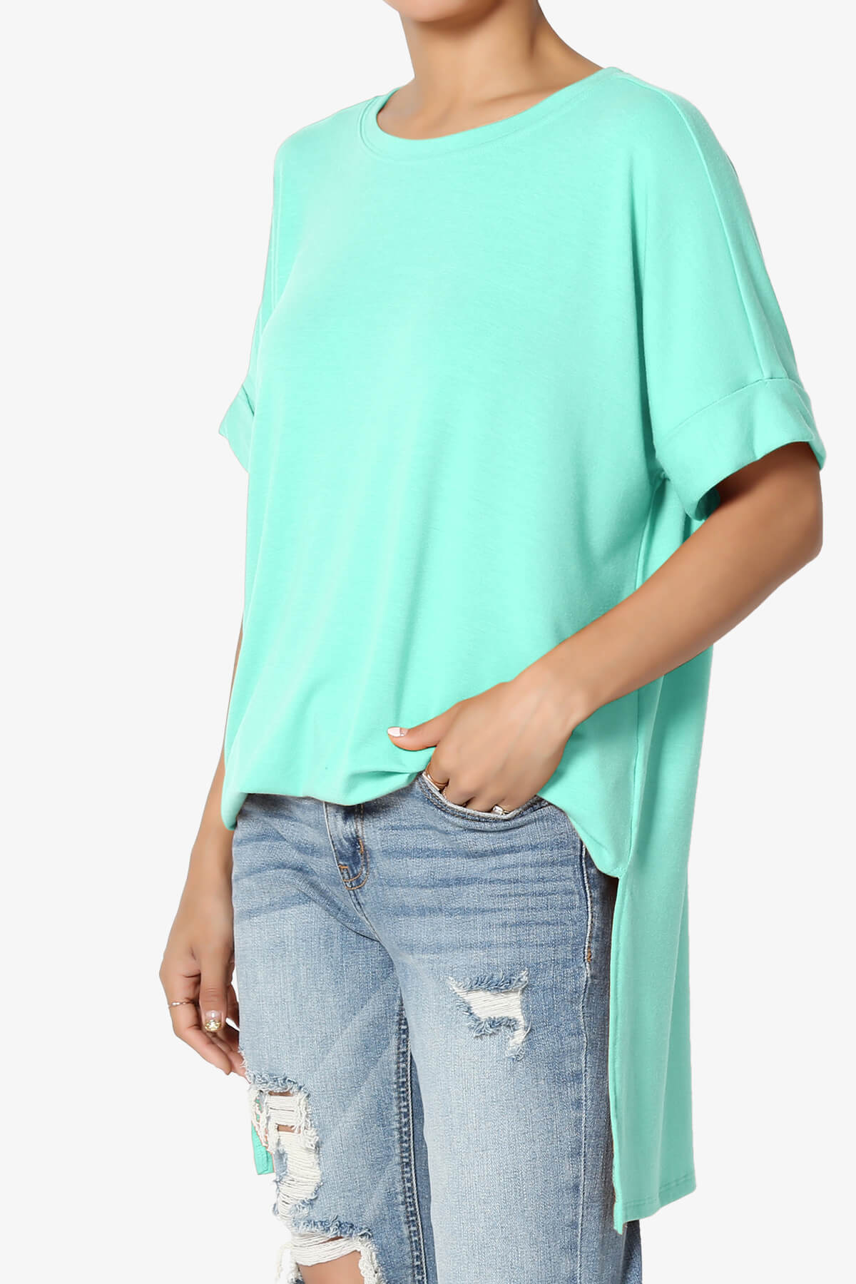 Onella Round Neck Rolled Short Sleeve Top MINT_3