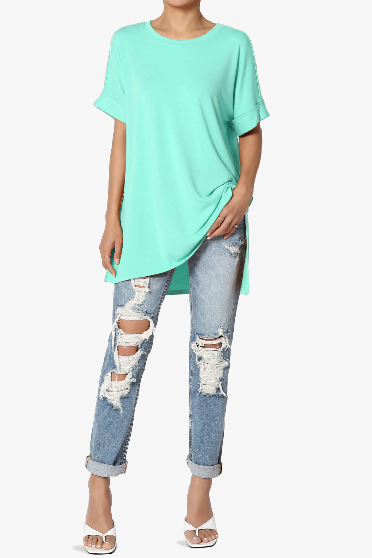 Onella Round Neck Rolled Short Sleeve Top MINT_6