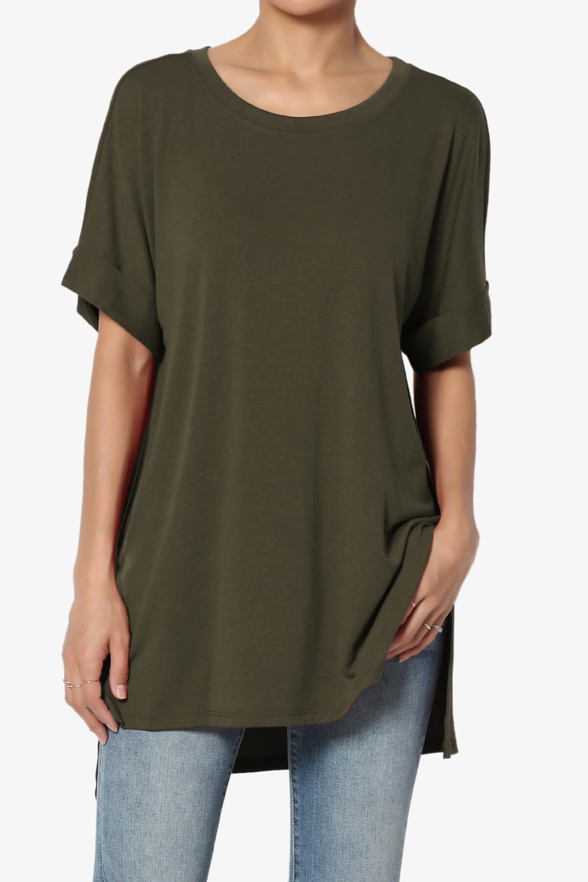 Load image into Gallery viewer, Onella Round Neck Rolled Short Sleeve Top OLIVE_1
