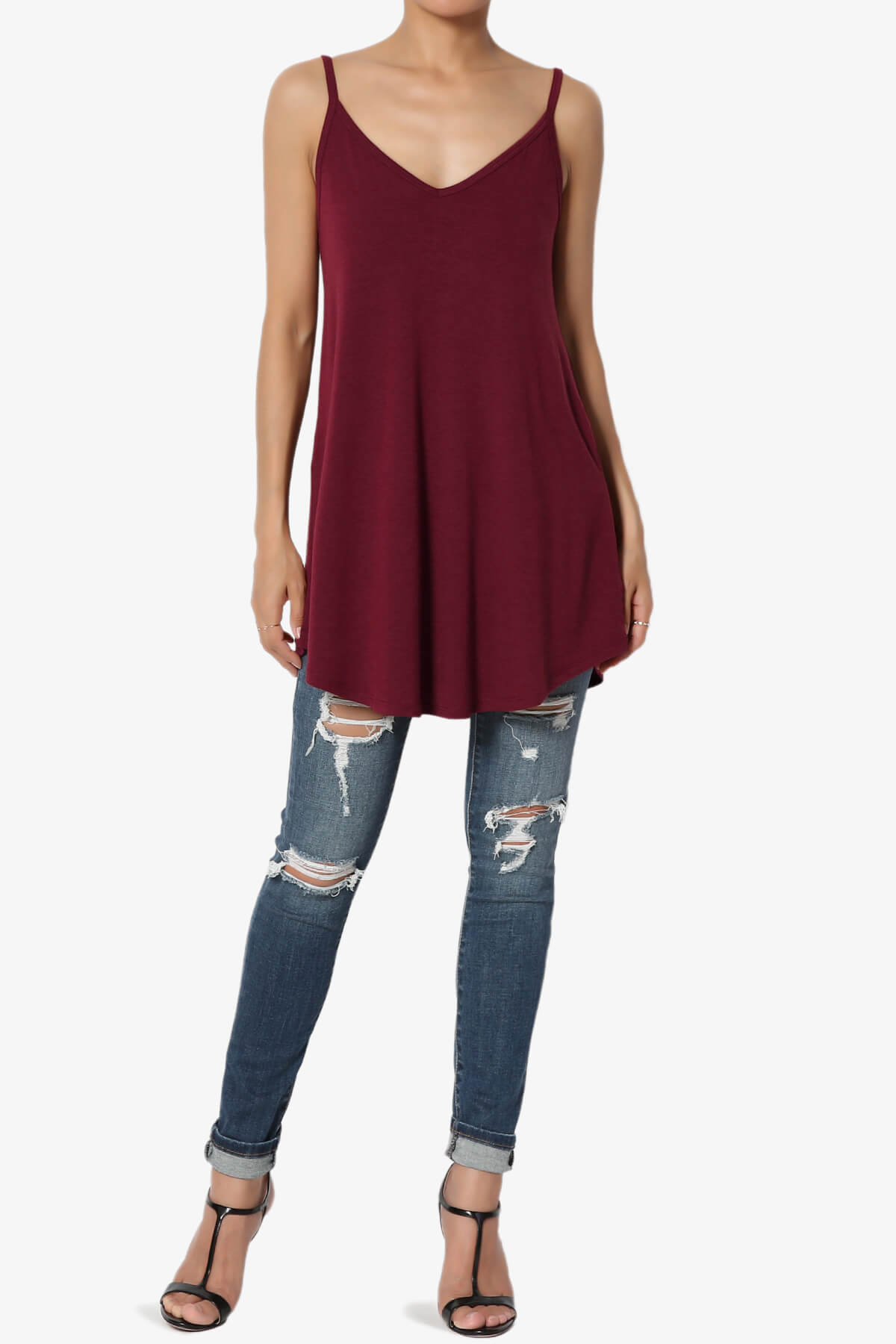 Chelsea Scoop & V Neck Flared Camisole Top DARK BURGUNDY_6