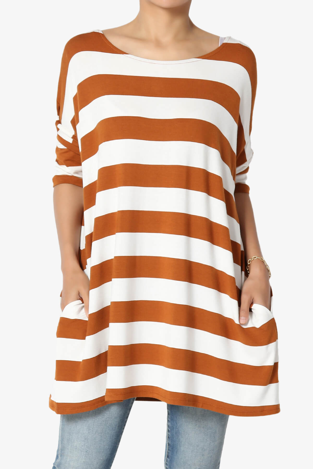 Load image into Gallery viewer, Timp Stripe Drop Shoulder Tunic Top ALMOND_1
