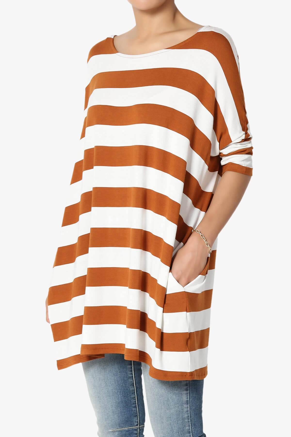 Timp Stripe Drop Shoulder Tunic Top ALMOND_3