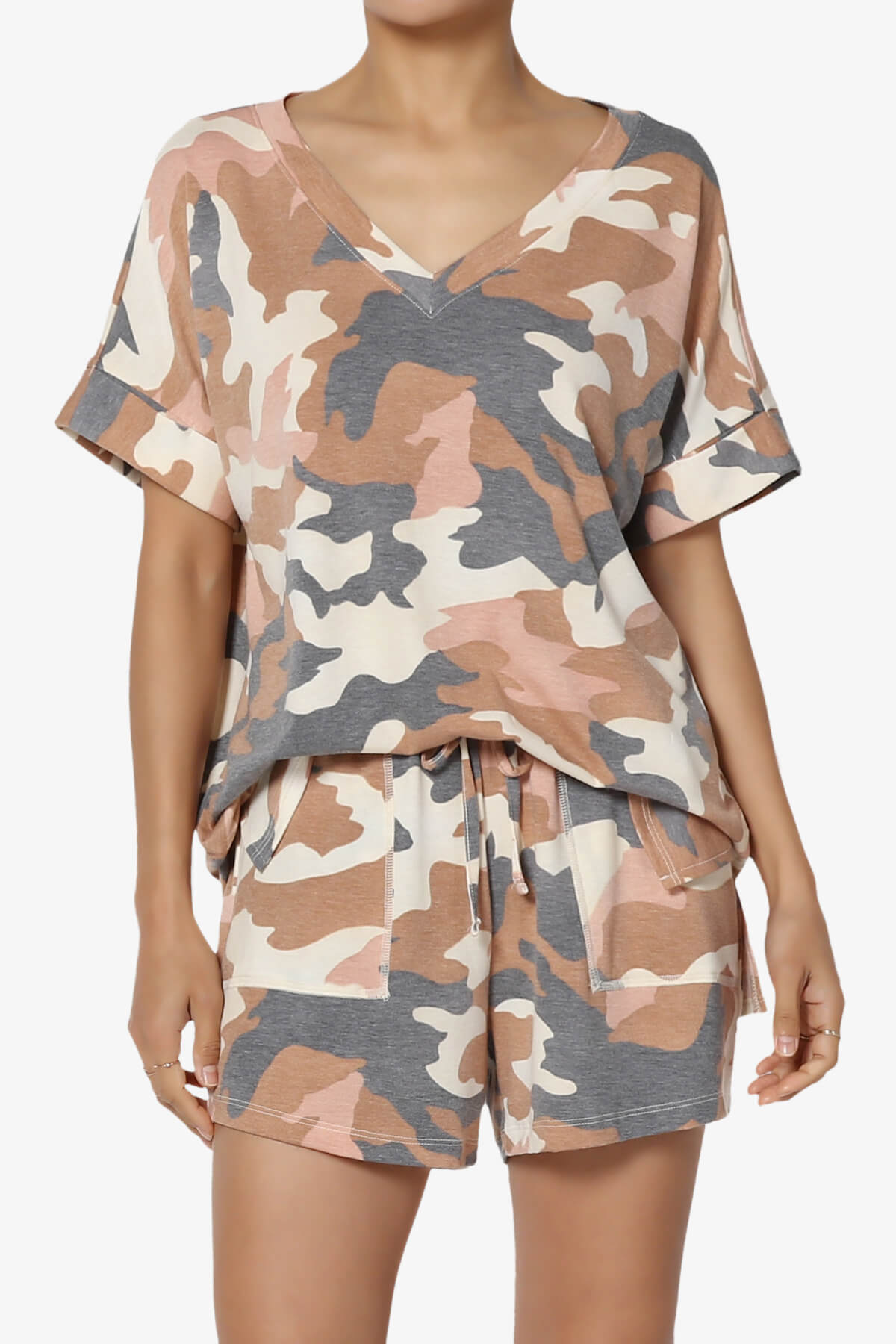 Load image into Gallery viewer, Jace Camouflage V-Neck Top &amp;amp; Shorts Set ALMOND_1
