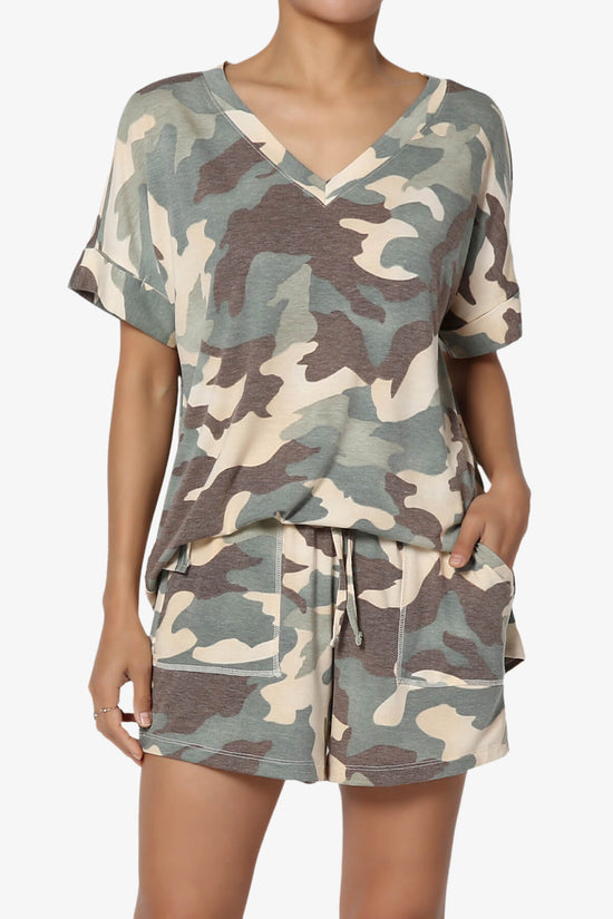Load image into Gallery viewer, Jace Camouflage V-Neck Top &amp;amp; Shorts Set GREEN_1
