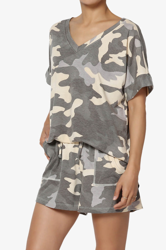 Load image into Gallery viewer, Jace Camouflage V-Neck Top &amp;amp; Shorts Set GREY_3
