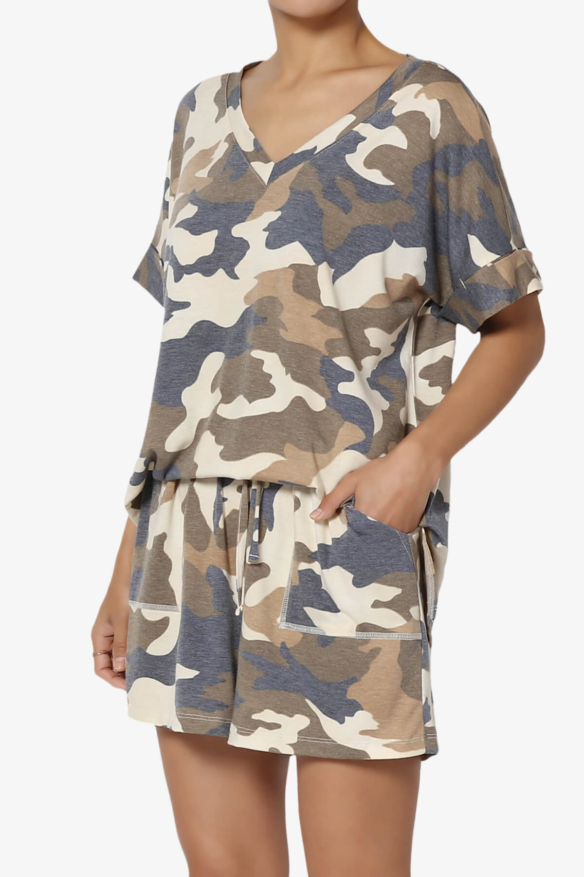Jace Camouflage V-Neck Top & Shorts Set NAVY_3
