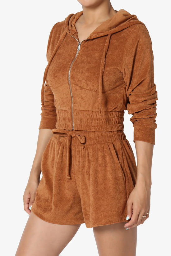 Load image into Gallery viewer, Cotton Terry Zip Up Crop Hoodie &amp;amp; Shorts SET ALMOND_3

