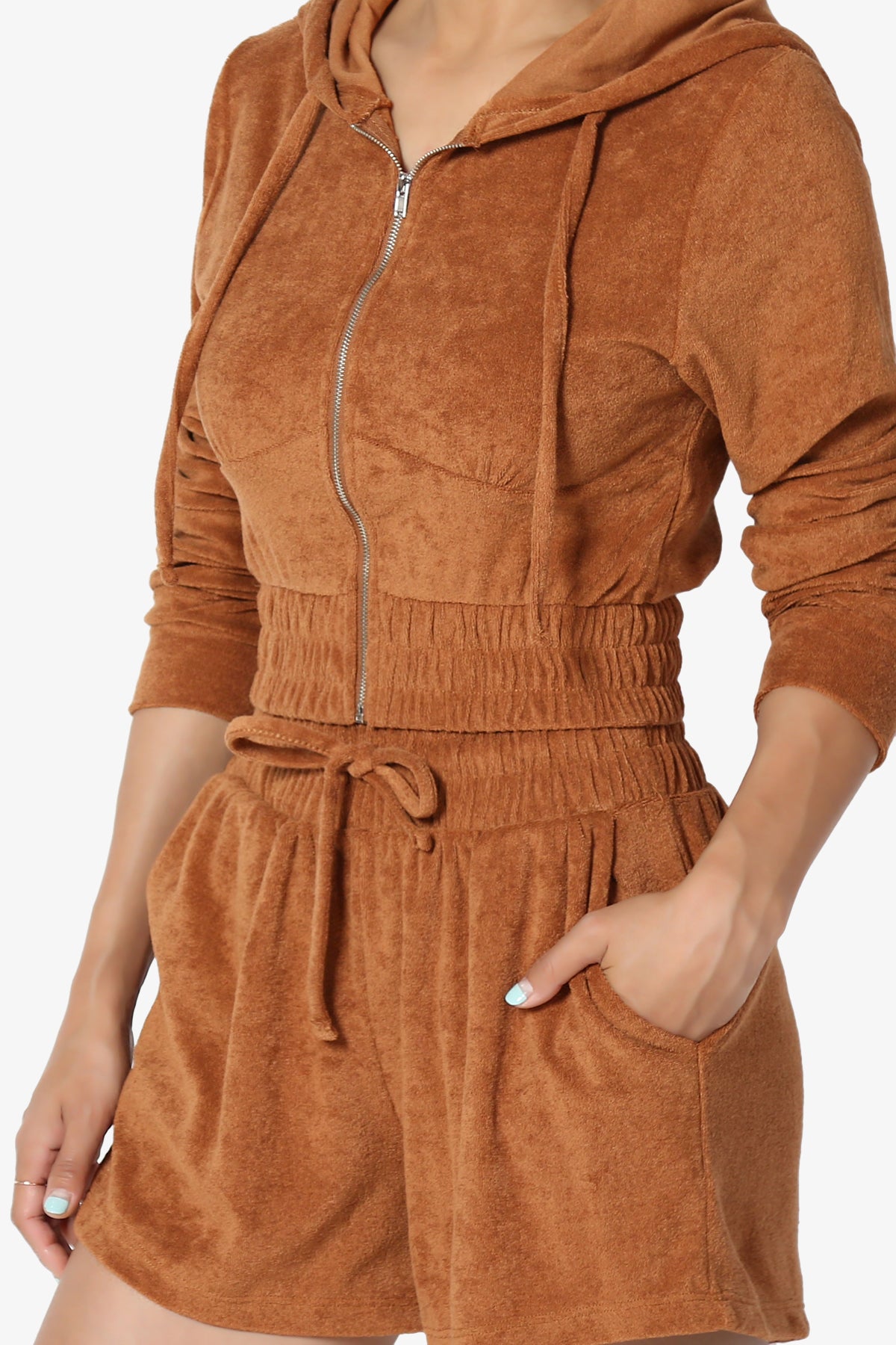 Load image into Gallery viewer, Cotton Terry Zip Up Crop Hoodie &amp;amp; Shorts SET ALMOND_5
