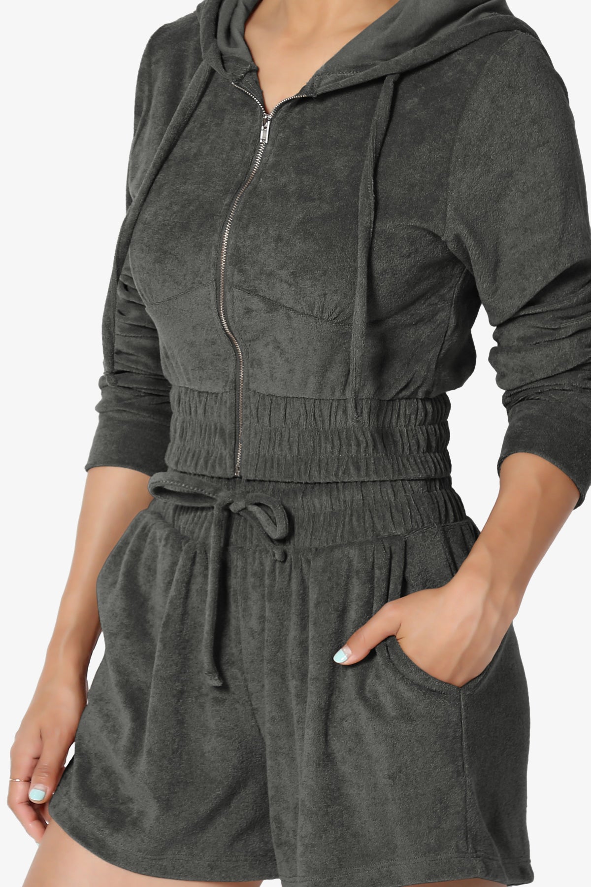 Load image into Gallery viewer, Cotton Terry Zip Up Crop Hoodie &amp;amp; Shorts SET ASH GREY_5
