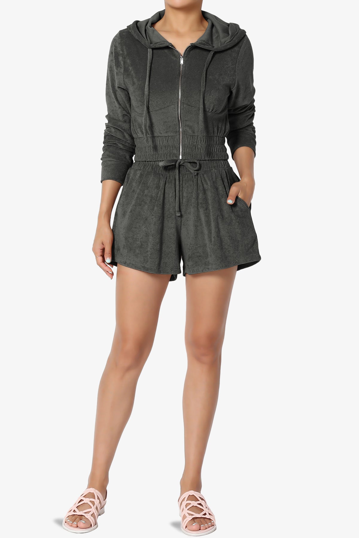 Load image into Gallery viewer, Cotton Terry Zip Up Crop Hoodie &amp;amp; Shorts SET ASH GREY_6
