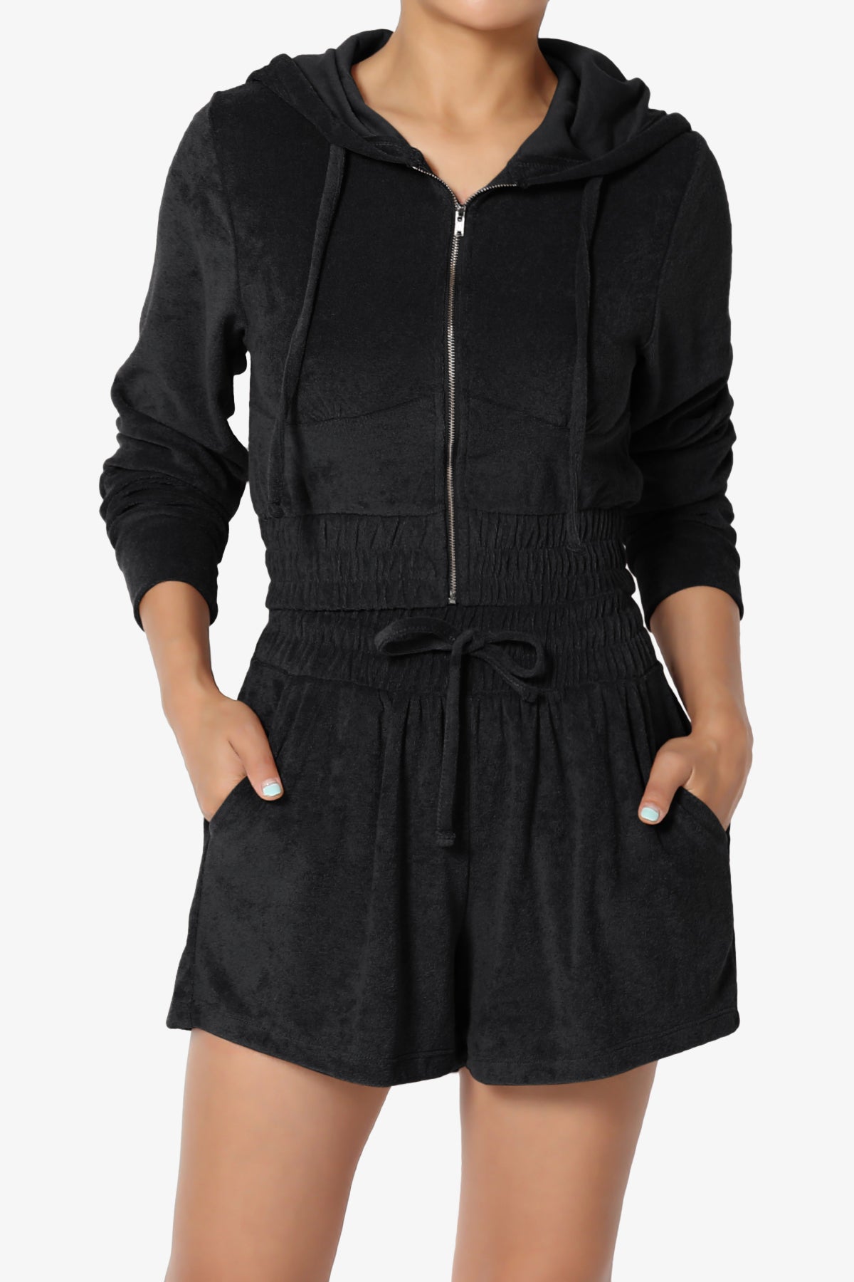 Load image into Gallery viewer, Cotton Terry Zip Up Crop Hoodie &amp;amp; Shorts SET BLACK_4
