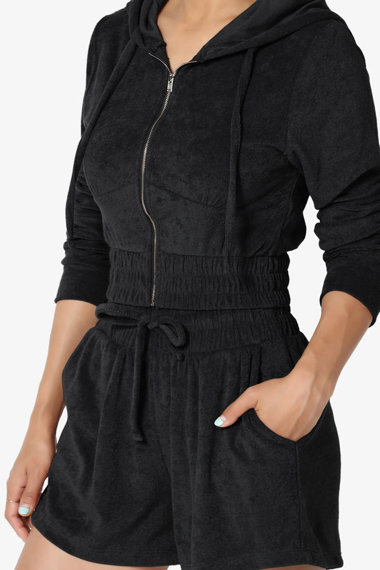 Load image into Gallery viewer, Cotton Terry Zip Up Crop Hoodie &amp;amp; Shorts SET BLACK_5
