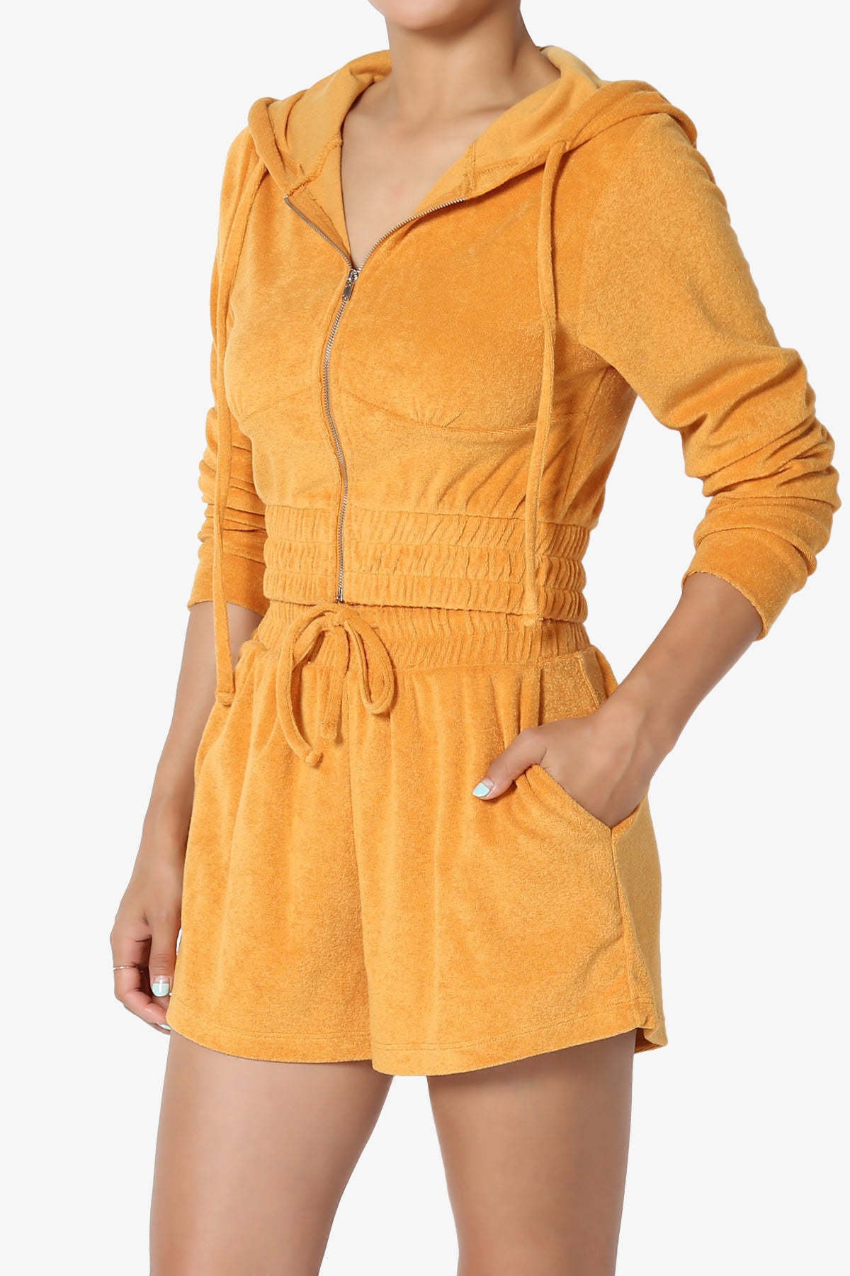 Load image into Gallery viewer, Cotton Terry Zip Up Crop Hoodie &amp;amp; Shorts SET GOLDEN MUSTARD_3
