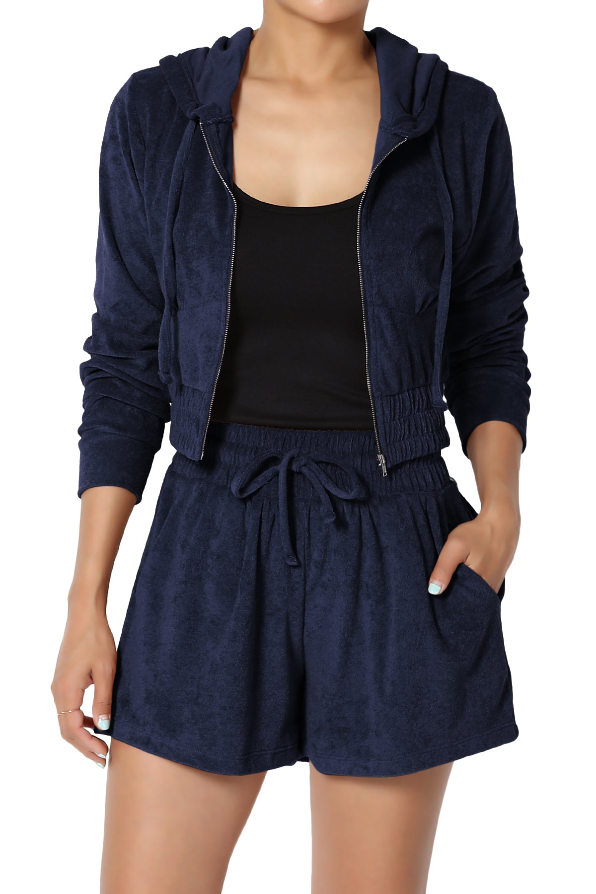 Load image into Gallery viewer, Cotton Terry Zip Up Crop Hoodie &amp;amp; Shorts SET NAVY_1
