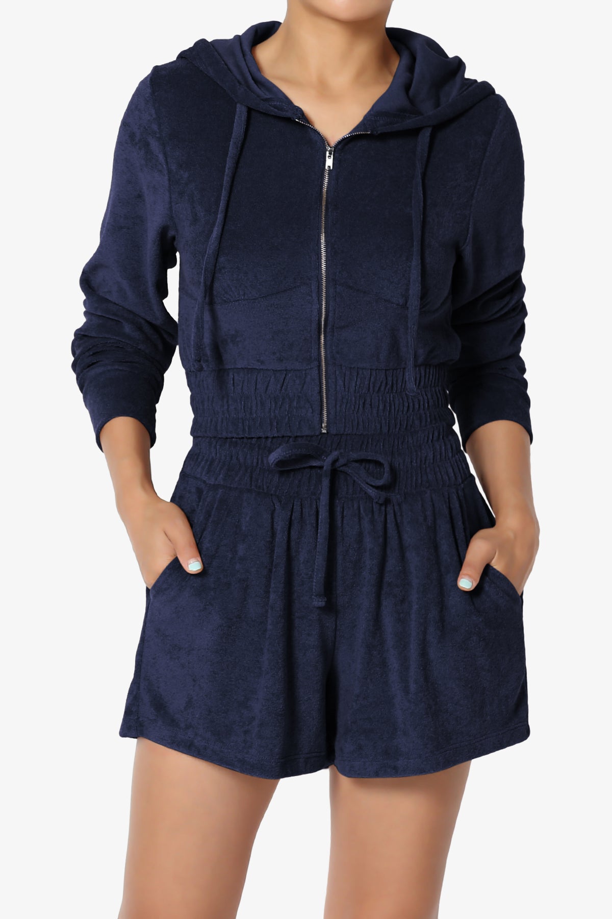 Load image into Gallery viewer, Cotton Terry Zip Up Crop Hoodie &amp;amp; Shorts SET NAVY_4
