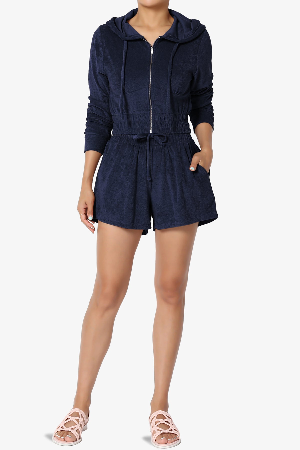 Load image into Gallery viewer, Cotton Terry Zip Up Crop Hoodie &amp;amp; Shorts SET NAVY_6
