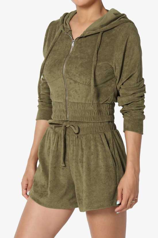 Load image into Gallery viewer, Cotton Terry Zip Up Crop Hoodie &amp;amp; Shorts SET OLIVE KHAKI_3
