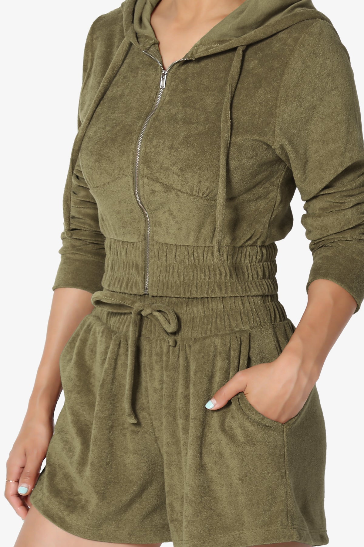 Load image into Gallery viewer, Cotton Terry Zip Up Crop Hoodie &amp;amp; Shorts SET OLIVE KHAKI_5
