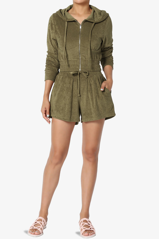 Load image into Gallery viewer, Cotton Terry Zip Up Crop Hoodie &amp;amp; Shorts SET OLIVE KHAKI_6
