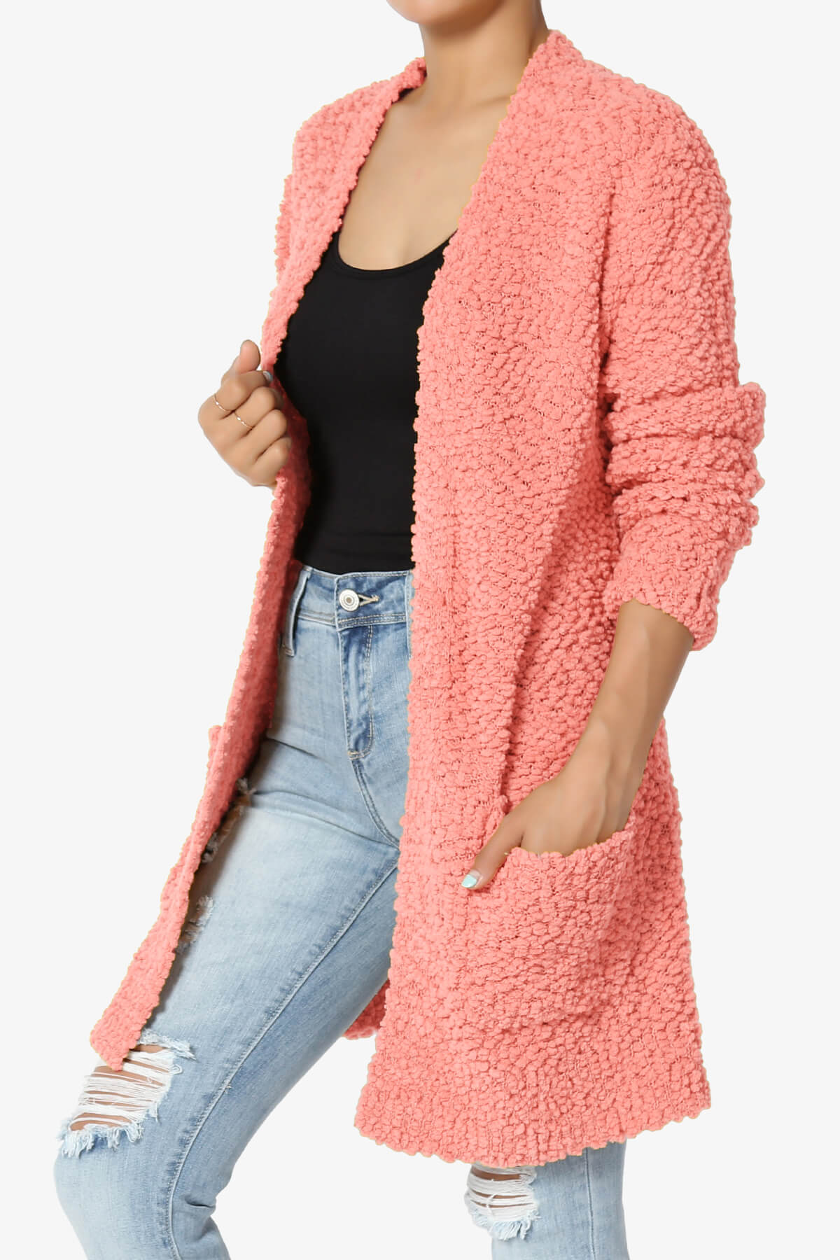 Barry Soft Popcorn Knit Sweater Cardigan CORAL_3