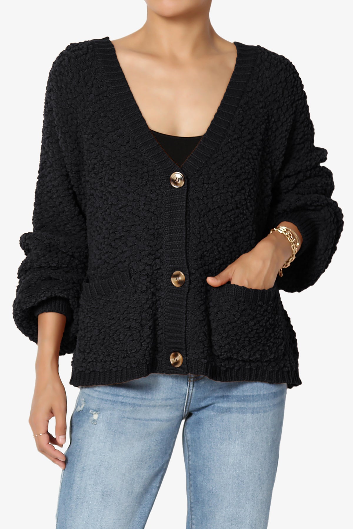Load image into Gallery viewer, Barry Fuzzy Knit Button Boxy Crop Cardigan BLACK_1
