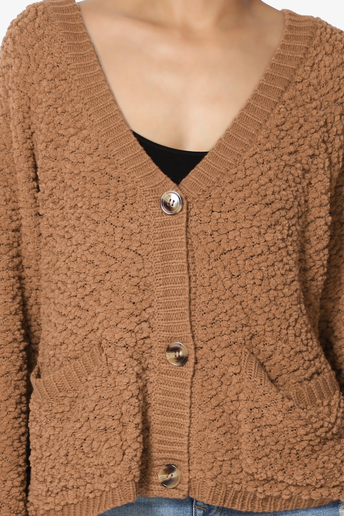 Load image into Gallery viewer, Barry Fuzzy Knit Button Boxy Crop Cardigan DEEP CAMEL_5
