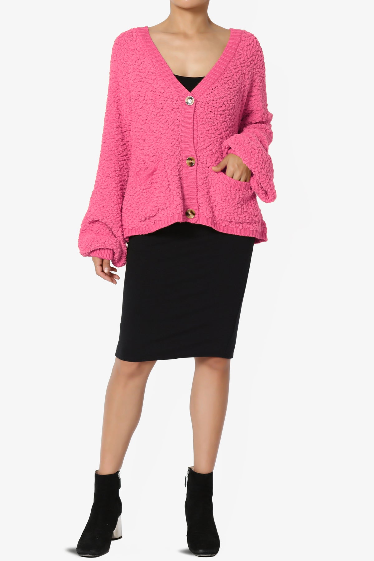 Load image into Gallery viewer, Barry Fuzzy Knit Button Boxy Crop Cardigan FUCHSIA_6
