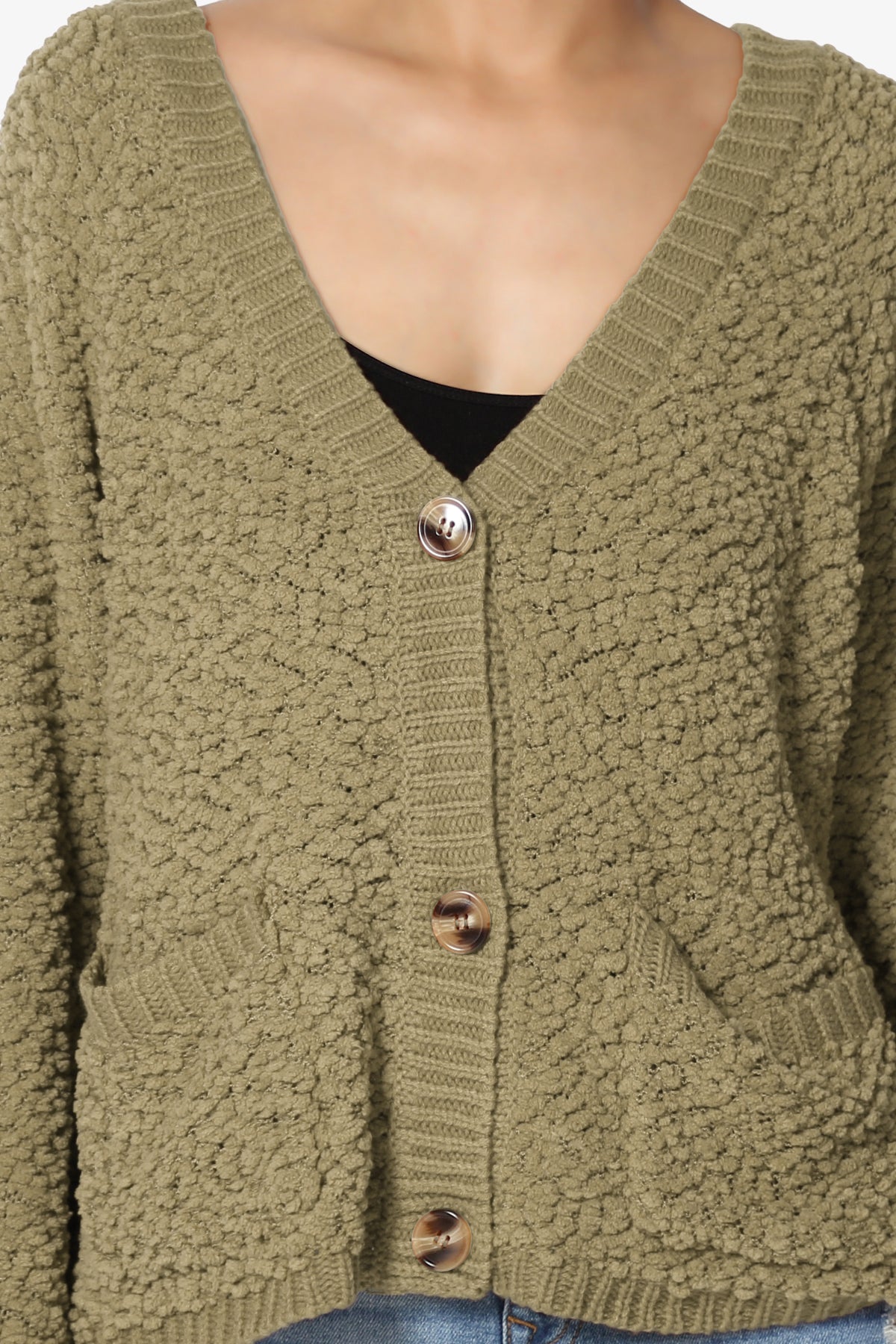 Load image into Gallery viewer, Barry Fuzzy Knit Button Boxy Crop Cardigan KHAKI GREEN_5
