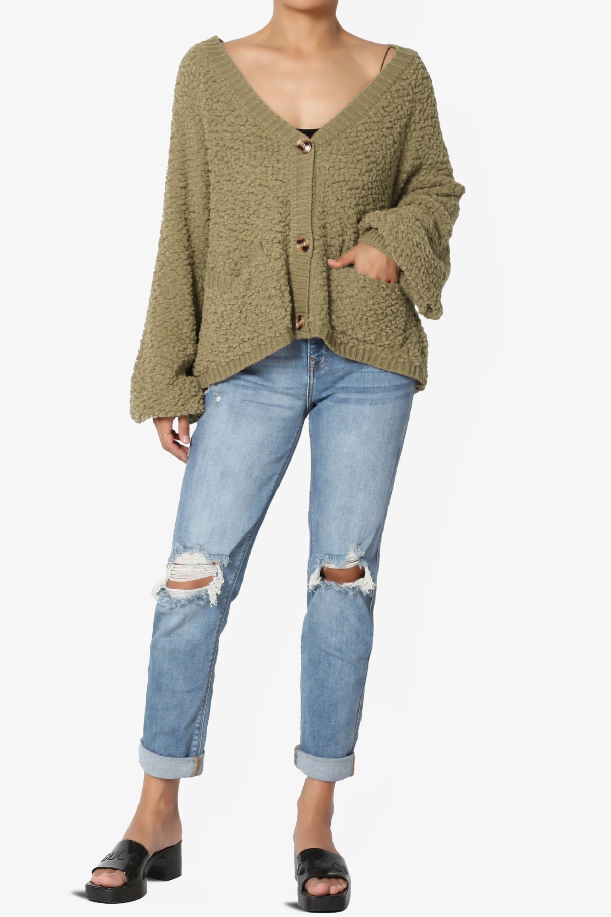 Load image into Gallery viewer, Barry Fuzzy Knit Button Boxy Crop Cardigan KHAKI GREEN_6
