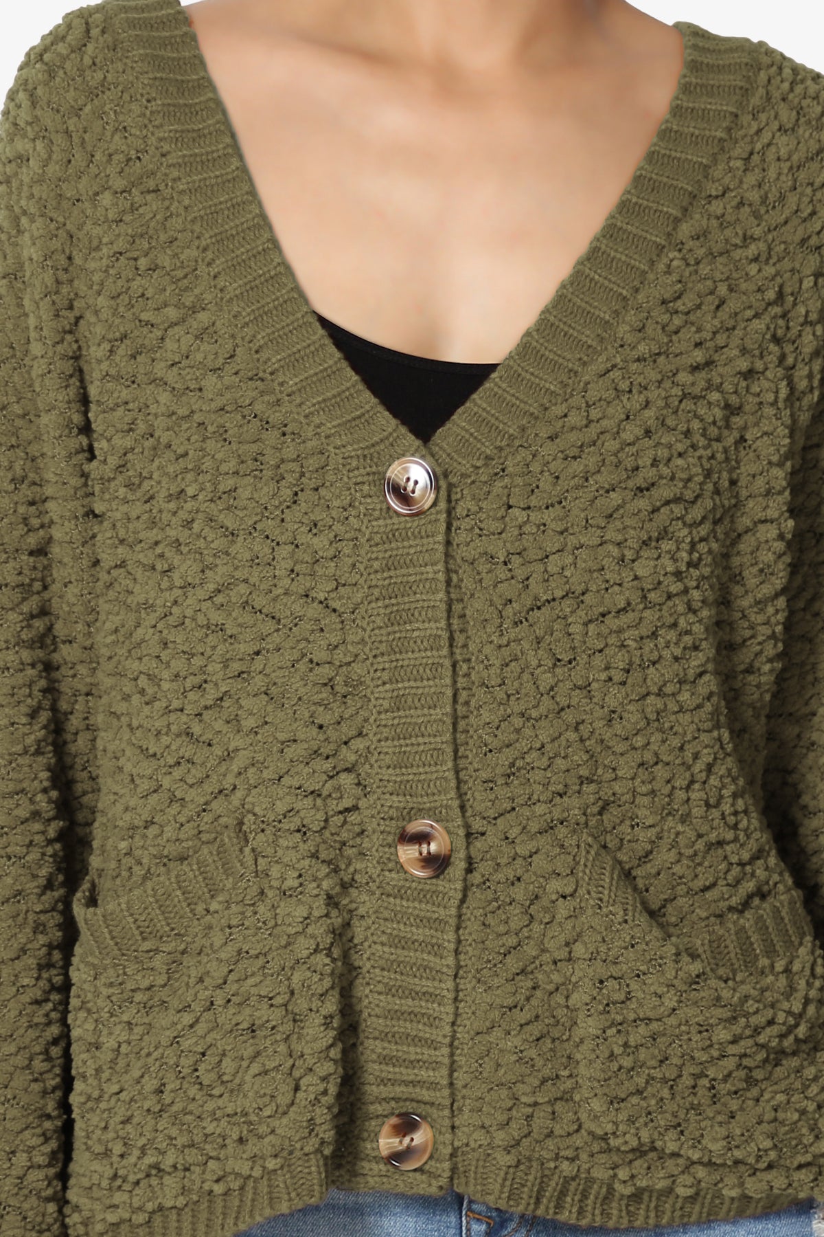 Load image into Gallery viewer, Barry Fuzzy Knit Button Boxy Crop Cardigan OLIVE KHAKI_5
