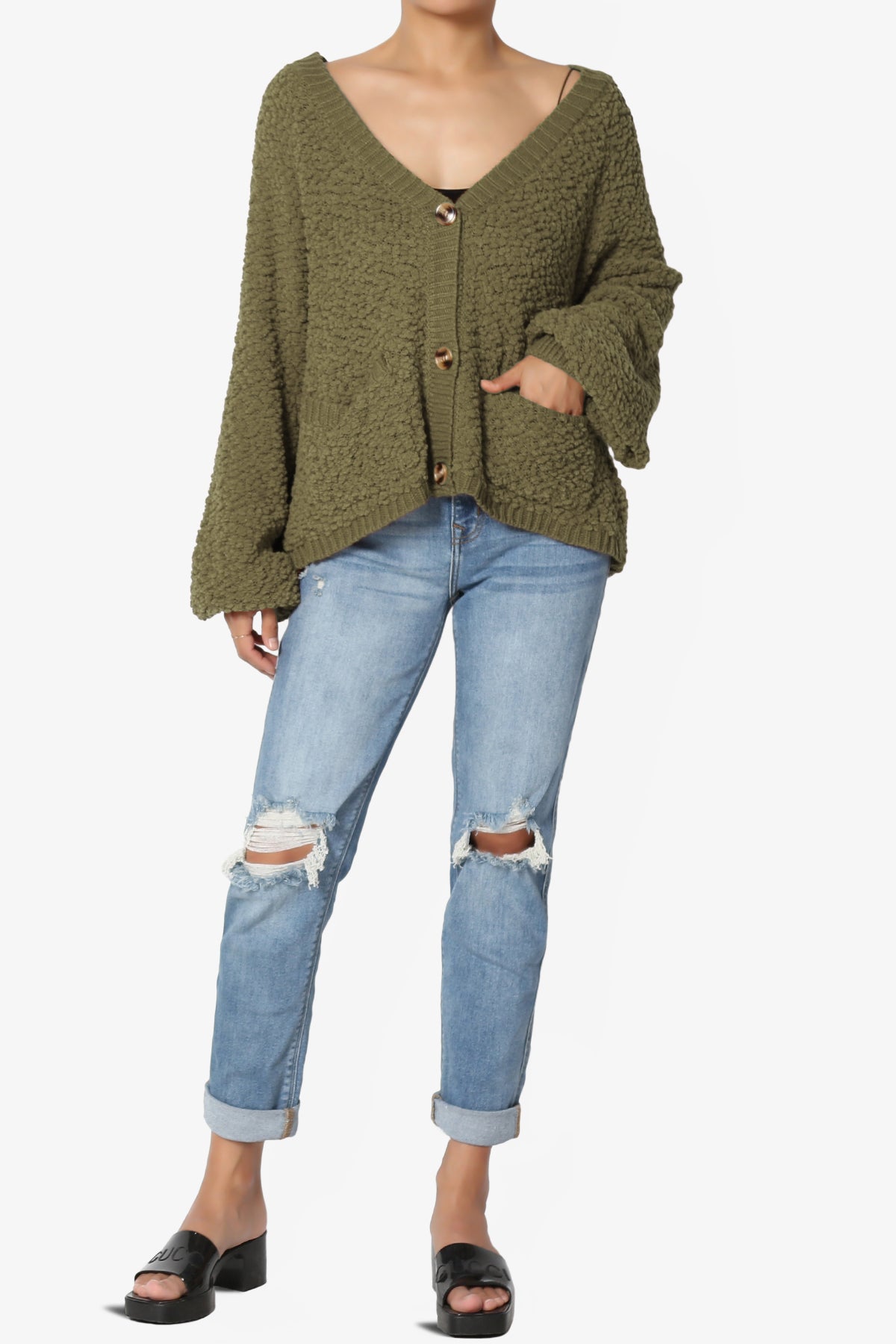 Load image into Gallery viewer, Barry Fuzzy Knit Button Boxy Crop Cardigan OLIVE KHAKI_6
