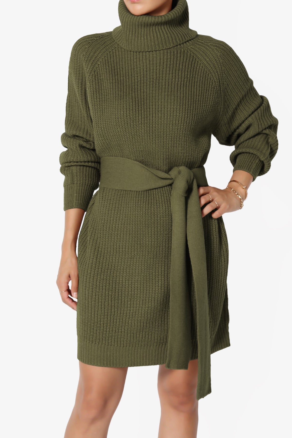 Arkin Turtle Neck Pullover Sweater Mini Dress OLIVE GREEN_1