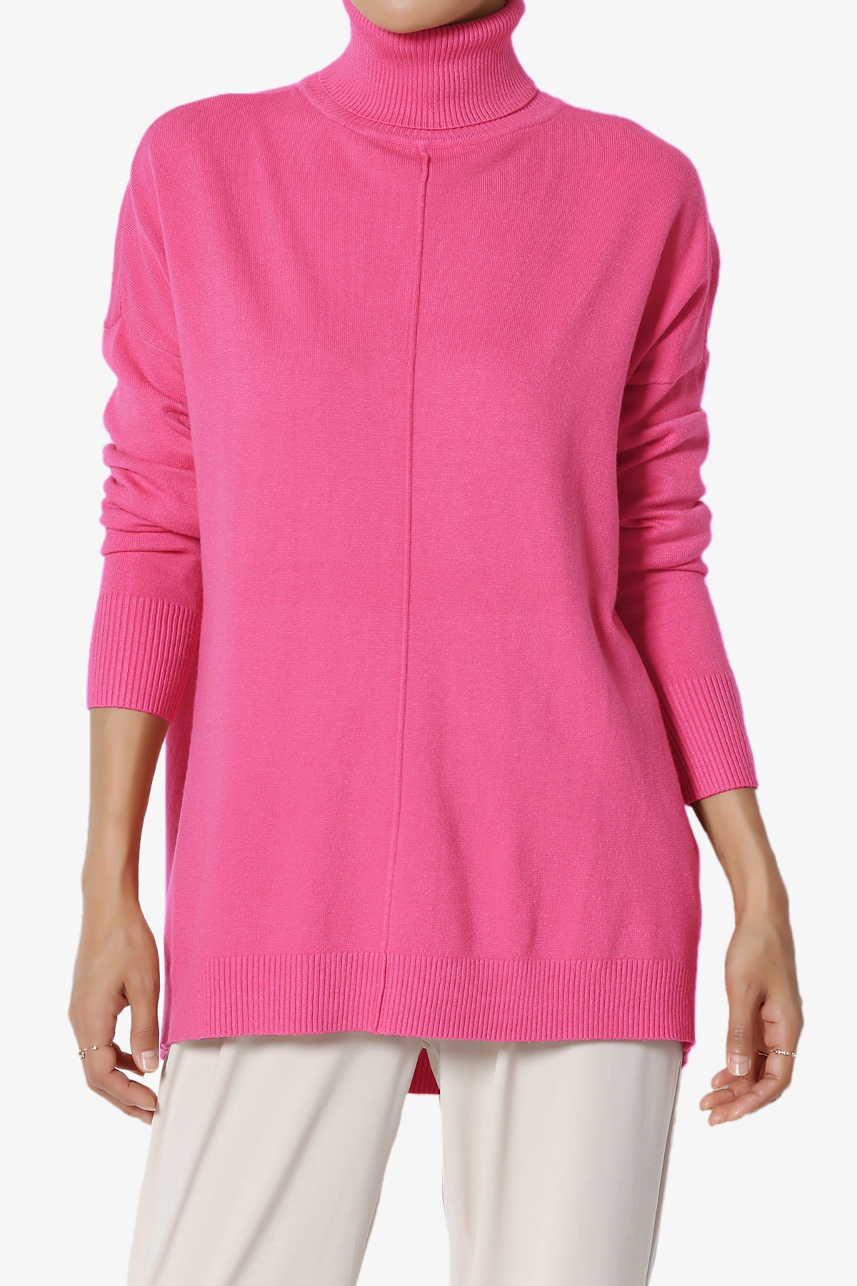 Henley Turtle Neck Knit Sweater HOT PINK_1