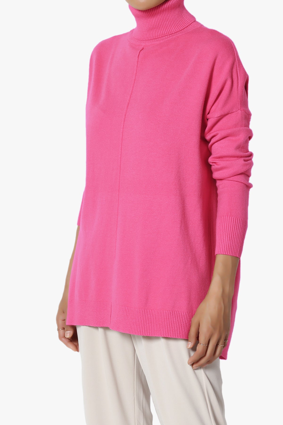 Henley Turtle Neck Knit Sweater HOT PINK_3